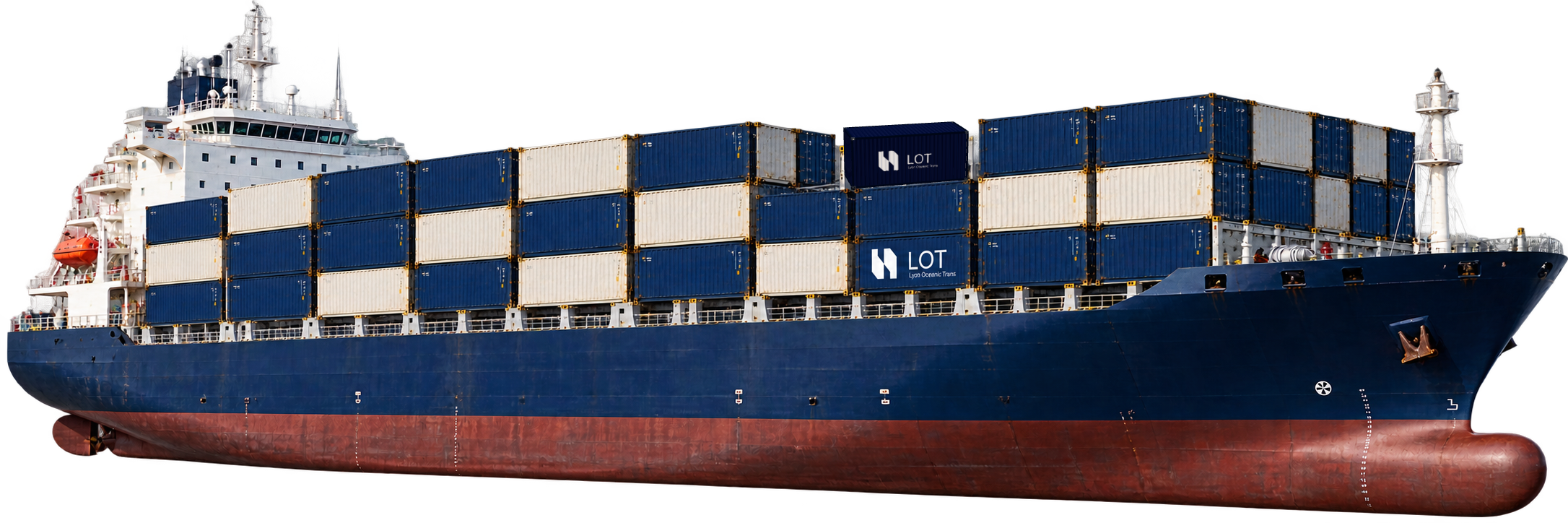 Kapal kargo navy dengan ruang muat kontainer 20 kaki di atas tumpukan berlogo LOT.