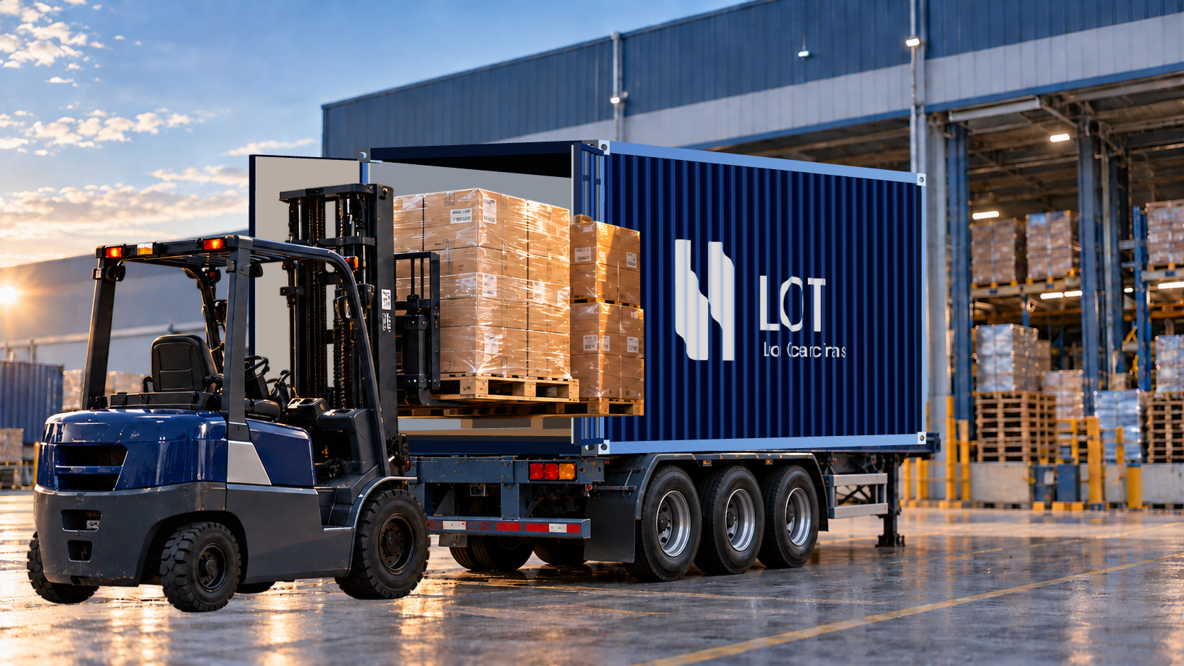 Pintu kontainer LOT terbuka. Forklift memasukkan palet berisi kardus ke dalam kontainer.