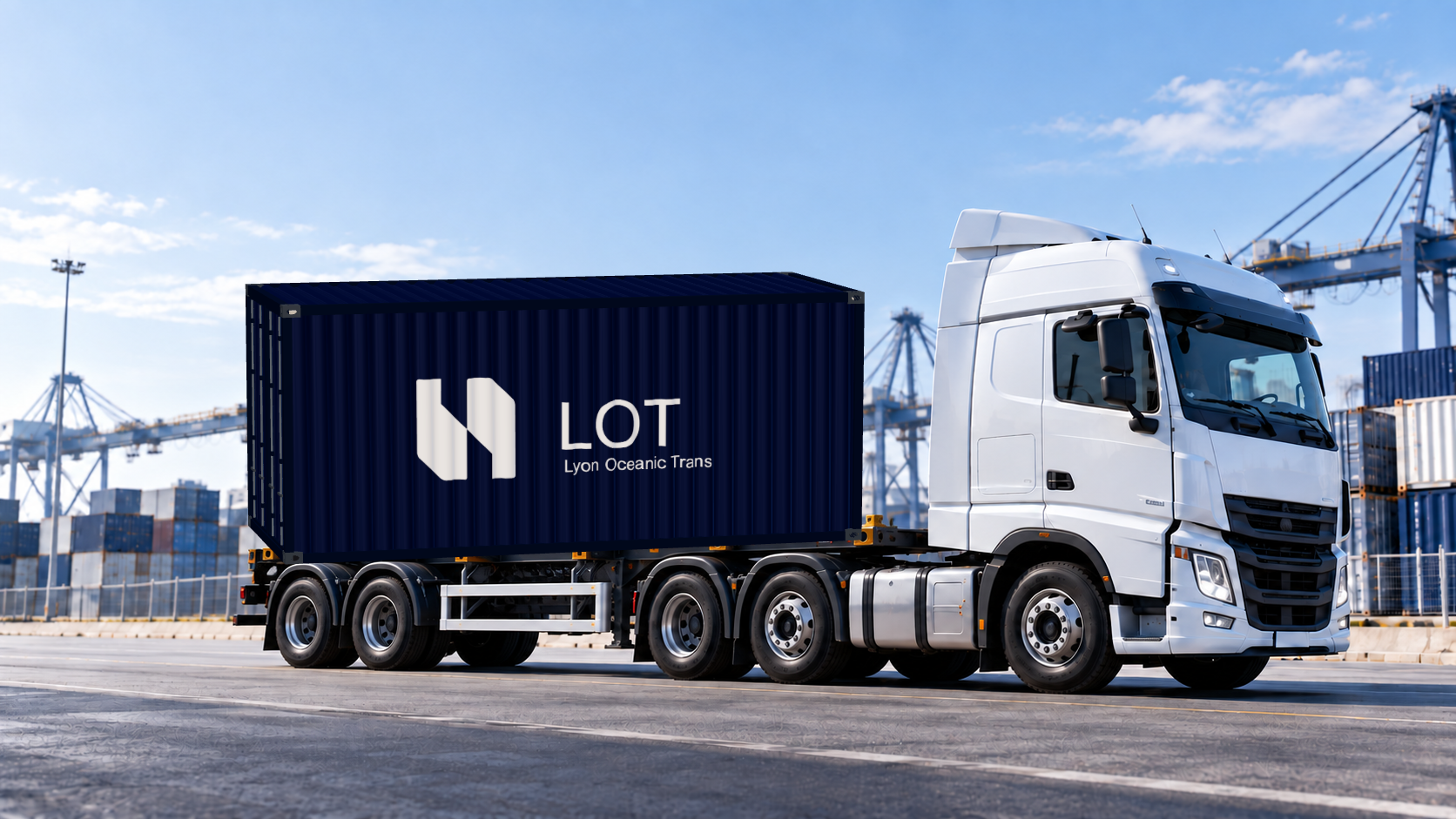 Truk putih membawa kontainer navy berlogo LOT di atas trailer.